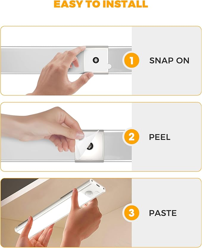 ASOKO Under Cabinet Lights Motion Sensor Light Indoor 3-Colors USB-C Rechargeable LED Closet Lights Battery Operated Wireless Magnetic Light Strip for Kitchen(Silver-3 Colors Light, 3 Pack-7.8inch)