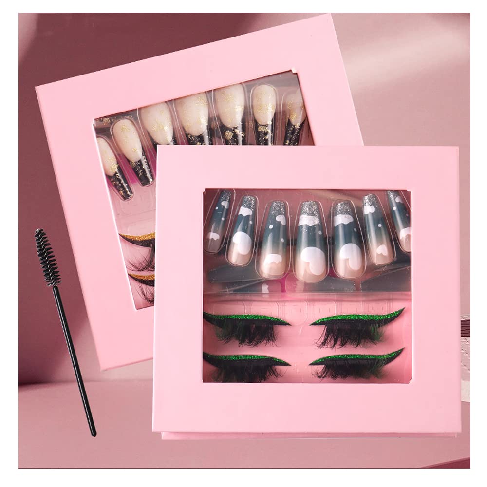 HBZGTLAD 3 in1 color eyeline Press On Nail with Eyelash Packing Boxes Set Package Pink White DIY Lashes and Nail Suit Box 1set⦠(SET-52)