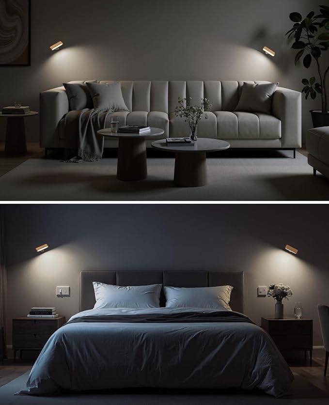 Wood Battery Operated Wall Sconces Set of Two, Magnetic Mini Wall Lights with 360° Rotation and Adjustable Brightness, Stick-On Mount for Bedside, Hallway, Living Room (2Pack Beech Wood)