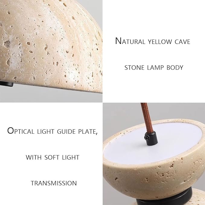 Double-Layer Natural Stone Bowl-Shaped Chandelier 5.9-inch Japanese Wabi-Sabi Style Lighting Fixture Indoor Yellow Travertine Chandelier Suitable for Bedside Tables, Dining Rooms,