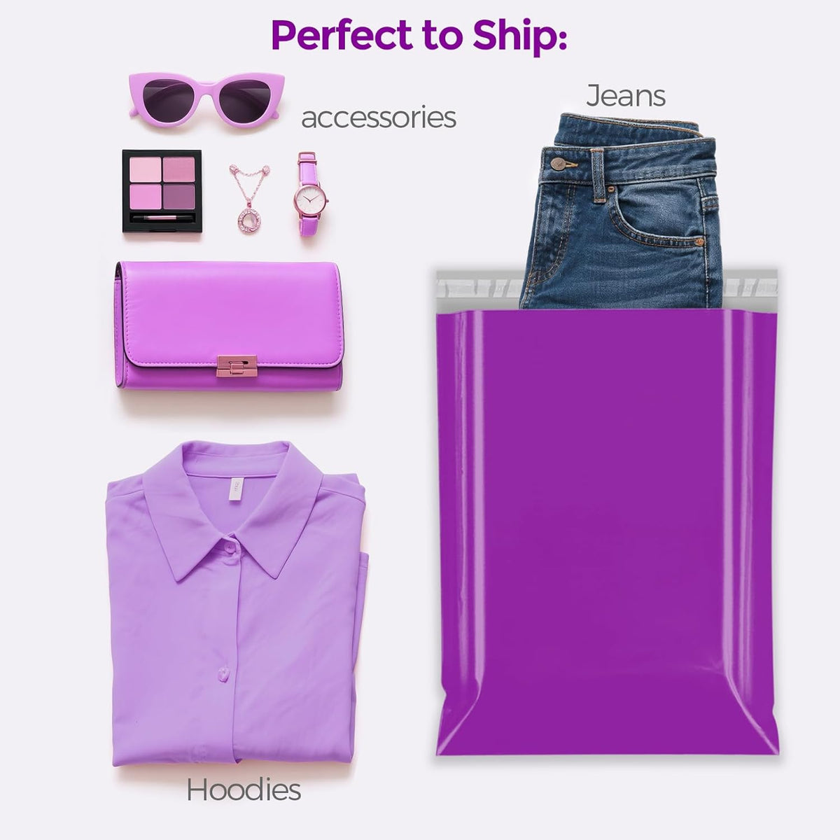 Fuxury12X15.5" 100Pcs Poly Mailers Bags for Small Business, Waterproof Plastic Shipping Bags for Clothing, Self Seal Tear-proof Mailing Envelopes Bulk- Purple