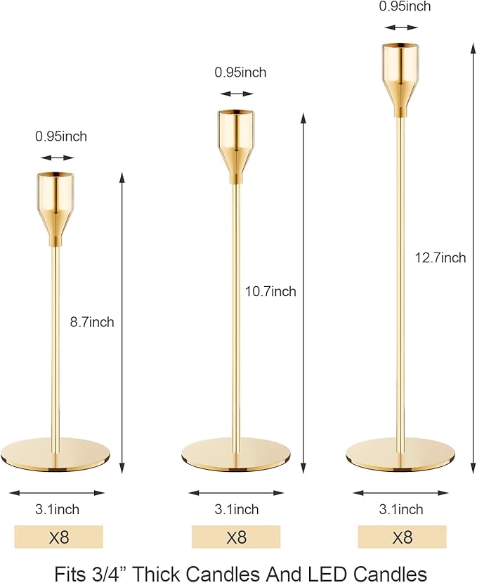 French Gold Taper Candle Holders Set of 12 Candlestick Holders Bulk,Metal Candle Stick Holder Decor for Wedding, Dinning, Party or Anniversary, Fits 3/4 Inch Thick Candle