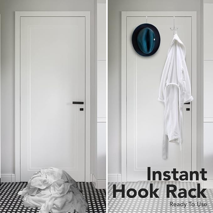 2-Pack Over The Door Hook - with 3 Hang Heads & Snug Fit Pads- 2Pcs Heavy Duty Hooks for Hanging Coats, Towels, Caps & Robes - Elegant Matt Finish - No Drill Hanger Organizer - Silver