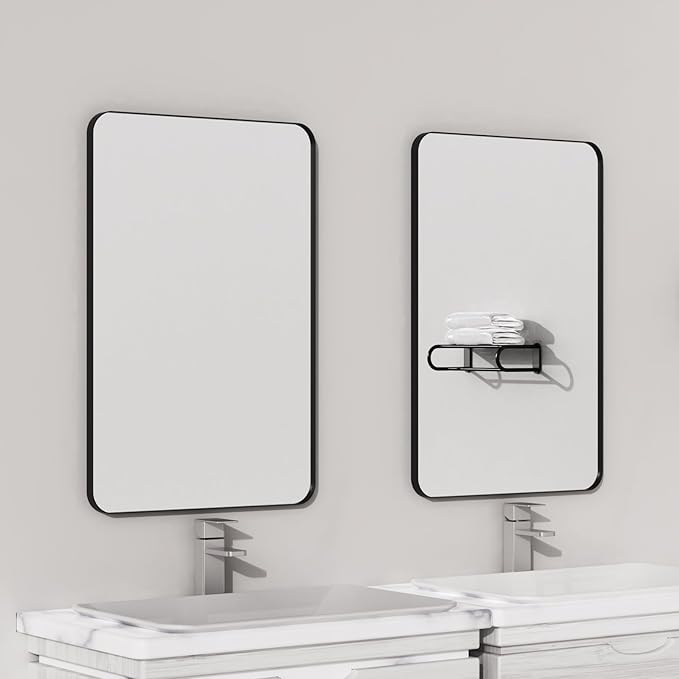 VocalStar Black Bathroom Mirror for Wall, 18 x 26 Inch Rounded Rectangle Metal Framed Bathroom Wall Vanity Mirror Farmhouse, 1/4-inch Shatterproof Glass | Ultra-Flush Hanging