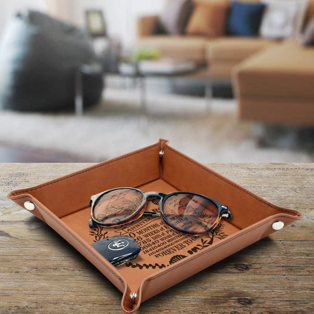 Bella Busta- 35 Years Anniversary- Traditional Coral 35th Wedding Anniversary-Engraved Leather Tray with Corals Design and 35 Years with a Detailed Breakdown (6 x6 Rawhide)