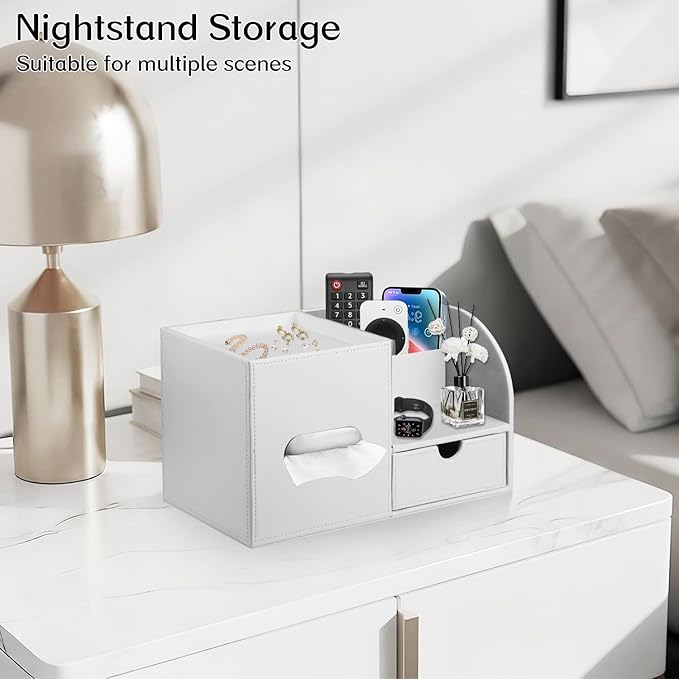 Square Tissue Box Cover with Tray and Organizer,Multi-Functional Decor Cube Tissue Box Holder,Tissue and Remote Control Holder,for Vanity,Nightstand,Bathroom,Home,Office