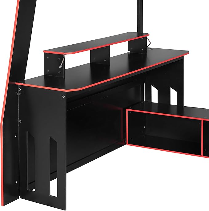 LUMISOL Full Size Wood Loft Bed with Desk and Multi-Storage Shelves, Gaming Loft Bed with RGB LED Lights and Adjustable Desk Placement, Space-Saving Game Bedframe with Under-Bed Storage, Red