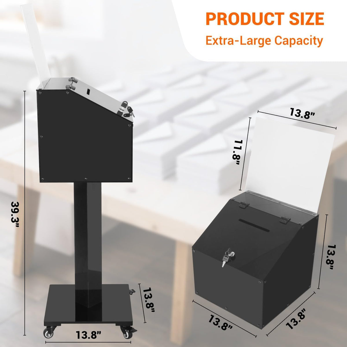 Acrylic Donation Box with Stand, Large Suggestion Box for Church, Drawing Raffle with Key and Lock, Secure Collection Box for Fundraising, Offering, Ballots, Feedback, Black
