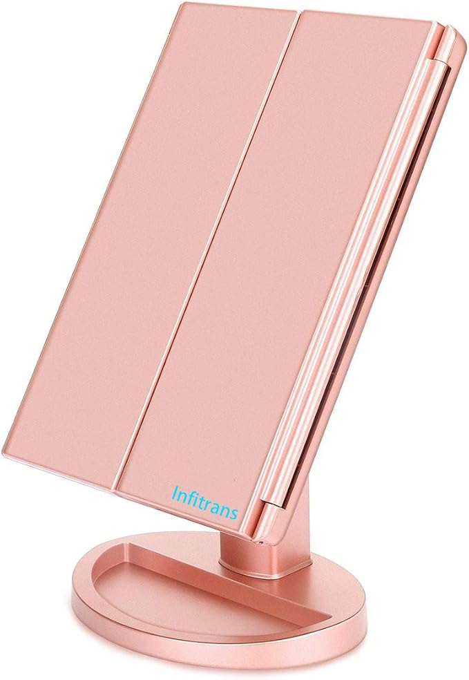 Trifold Makeup Mirror Vanity Mirror with Lights,1X 2X 3X Magnification,Touch Control,Adjustable Rotation,Dual Power Supply,Portable Travel Cosmetic Mirror,Birthday Gifts for Women,Teengirls