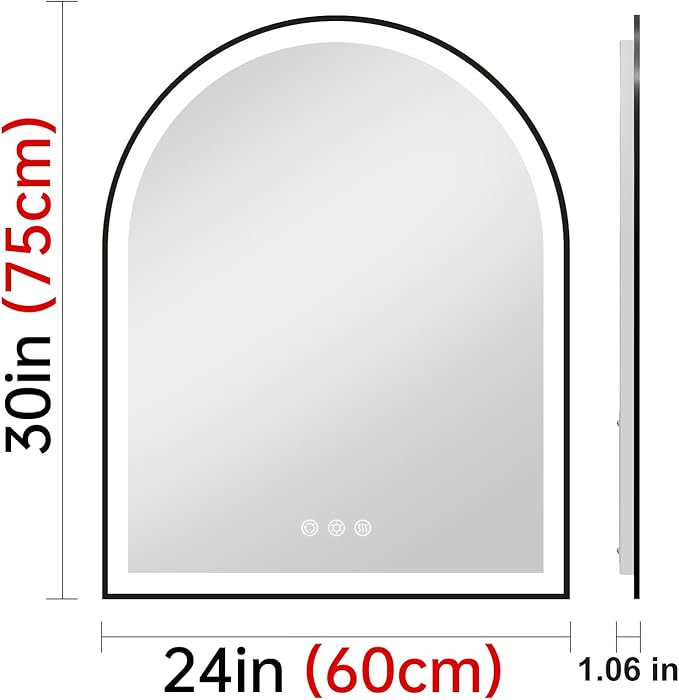 Arched LED Mirror for Bathroom 24"x30", Black Lighted Bathroom Mirror with Lights-Fogless, Dimmable, 3 Color Changing, Shatterproof, Touch Sensor
