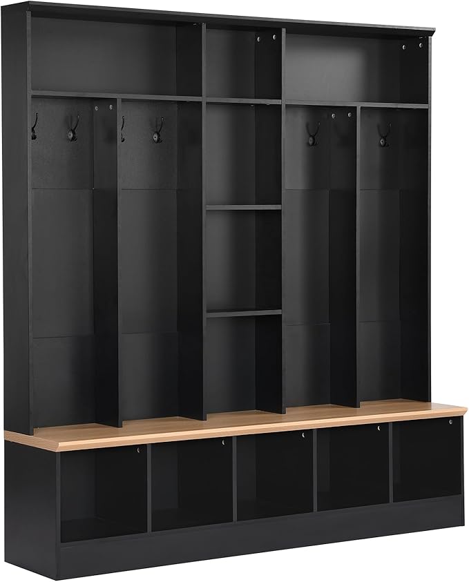 Merax 72'' H Hall Tree with Shoe Storage Bench, Modern Hall Tree with Storage Shelves & 8 Hooks, Coat Rack for Entryway, Mudroom, Hallway, Living Room,Black