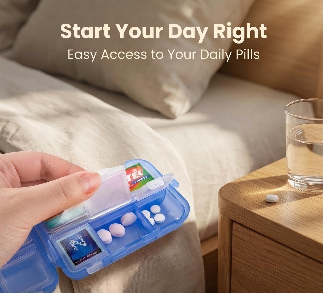 Pill Organizer with Medicine Labels Travel Daily Pill Container Mini Medication Organizer Storage Pill Organizer Travel Essentials Pill Case 7 Day (Pink & 161 Lables)