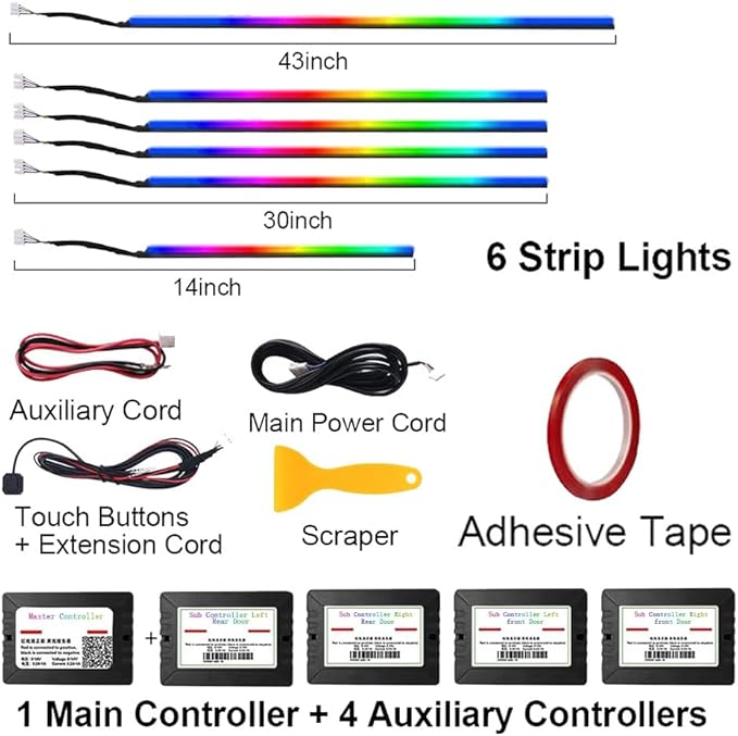 RGB 6 in 1 Interior Car LED Strip Light with Wireless APP,16 Million Interior Lights Car Dreamcolor Acrylic Ambient Lighting 600 LED Music Sync Neon Lights Kits (6 in 1 Set + App Control)