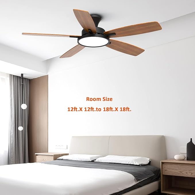 TALOYA 52 inch Ceiling Fans with Lights and Remote, Low Profile Ceiling Fan with Light, Flush Mount, Reversible, 3CCT, Dimmable, Ultra Quiet Black Ceiling Fan for Bedroom Living Room Indoor Outdoor