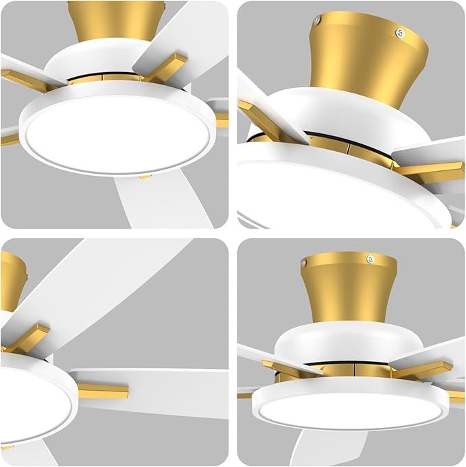 TALOYA 52 inch Ceiling Fans with Lights and Remote,Ultra Silent low profile Ceiling Fan with Three Color Temperature and Dimmable Light with Reversible Blades White Gold