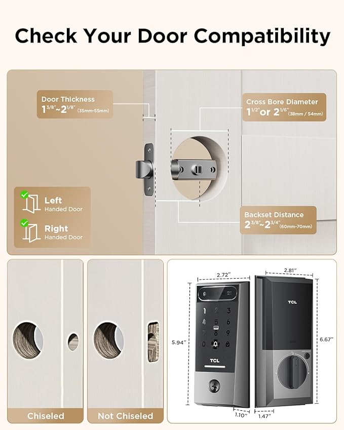 TCL Palm Vein Smart Lock D2 Pro, Wi-Fi Keyless Entry Deadbolt Door Lock, Built-in Doorbell, Key Fob, App Control, Auto Lock, Rechargeable Battery, Works with Alexa & Google Lock for Front Door