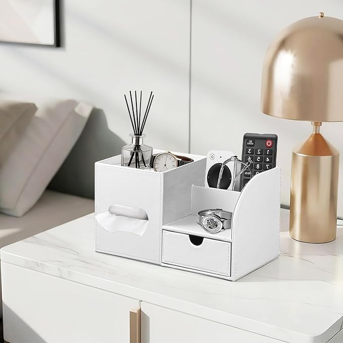 Leather Nightstand Organizer with Tissue Holder,White Square Tissue Box Cover with Organizer, Decorative Modern Facial Paper Storage Box for Bathroom Living Room Vanity Table Countertop Office