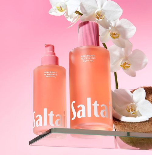 Saltair Body Oil and 2-Pack Serum Deodorant Set – Hydrating After-Shower Moisturizer and AHA Roll-On for Odor Control – Pink Beach Scent