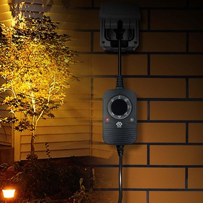 24-Hour Outdoor Light Timer – Water-Resistant with Photocell Dusk to Dawn Sensor, 2/4/6/8-Hour Countdown Timer, Grounded Outlet – Ideal for Home, Christmas Lights, Garden – 10A, UL Listed