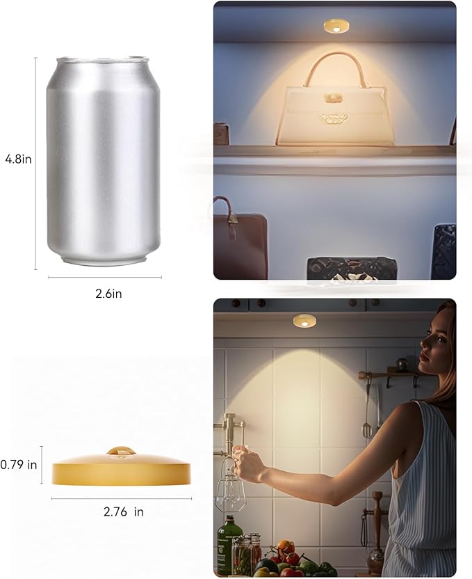 Rechargeable Puck Lights With Remote Control, 1500mAh Battery Operated Tap Lights, Dimmer & Timer Under Cabinet Light, Wireless LED Stick-On for Closet, Bedroom, Kitchen - Gold 12Pcs