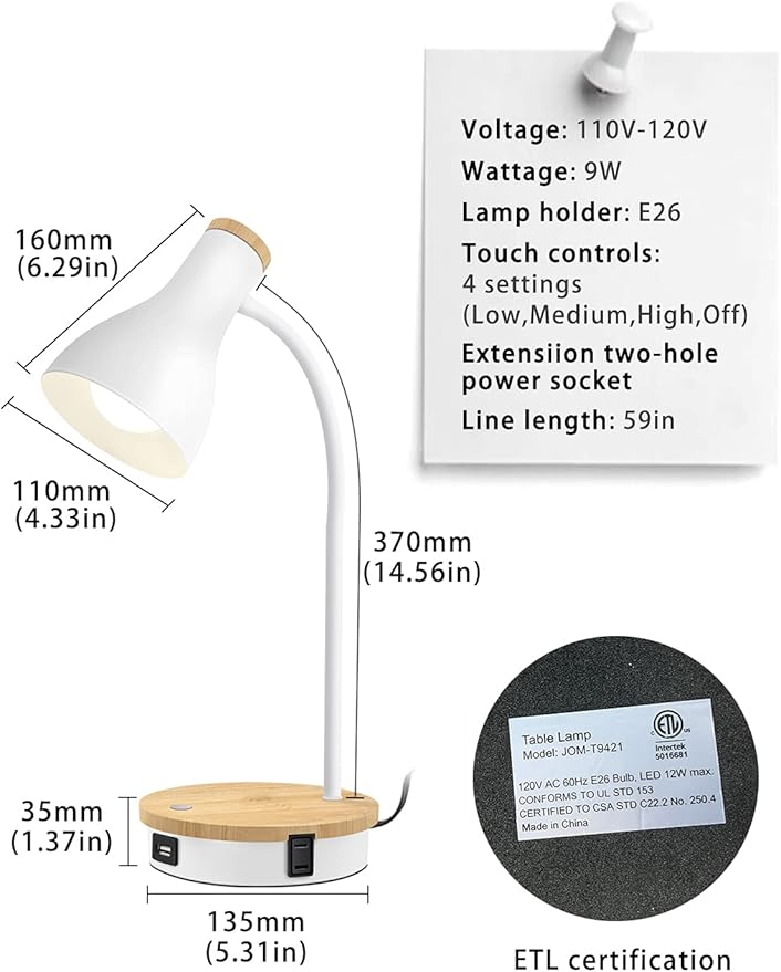 Metal Desk Lamp Wireless Charging Table Lamp Touch Reading Lights Arc Desk Lamps for Bedroom, 3 Way Dimmable Bedside Lamp with USB Charging Ports Lamp for Study Room and Office (White)