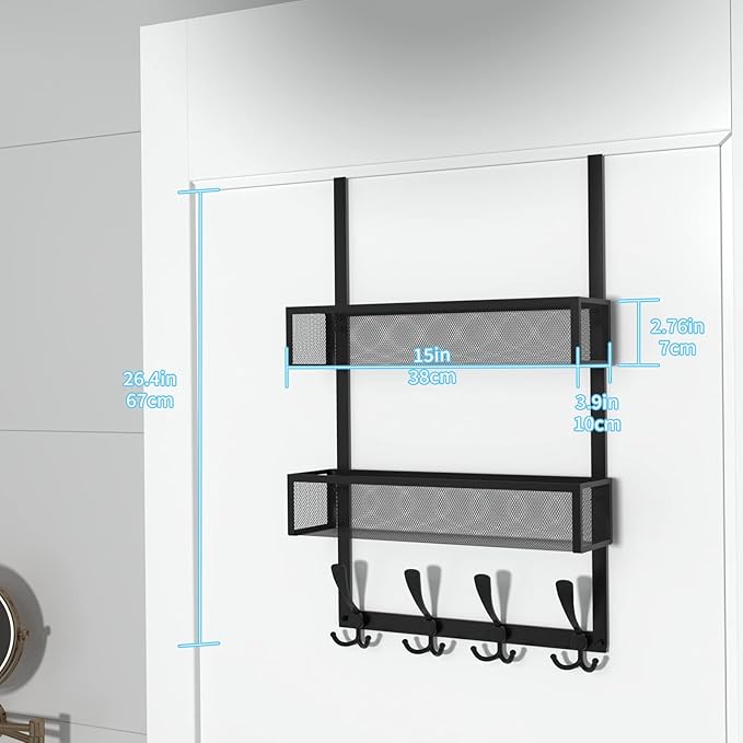 Over The Door Hooks Organizer,Coat Rack with 12 Hooks and 2 Mesh Baskets,Back of Door Storage Organizer for Bathroom,Bedroom,Kitchen,Office(Black)