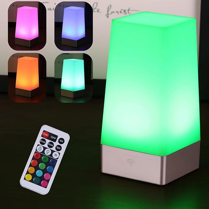 1Pack Remote Control LED Square Night Light,Color Changing Table Lamp Battery Operated Lamp for Kids Room, Bedroom,Kitche