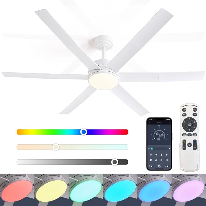 60" Smart Ceiling Fan with RGB Chasing Lights – Quiet DC Motor with Sectional Blades Dimmable CCT via App & Remote Control, Fits Flat or Sloped Ceiling Mount for Large Living Rooms, White