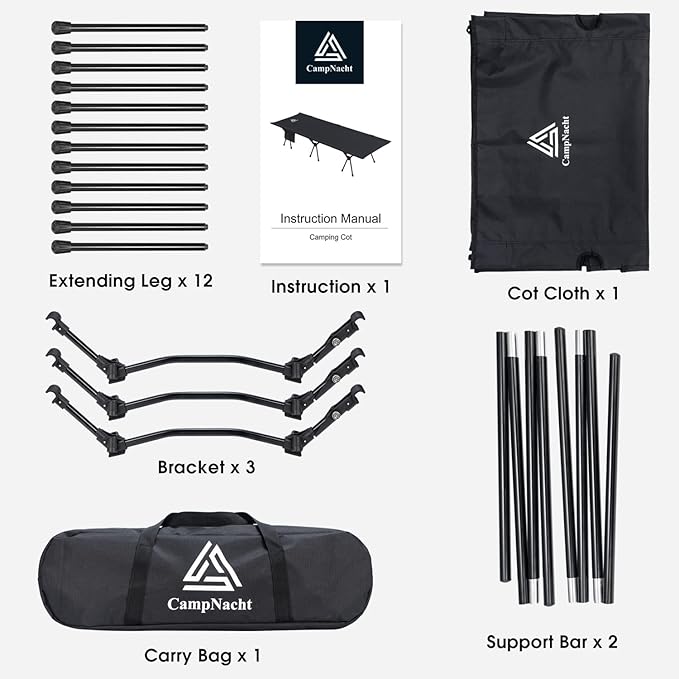 CAMPNACHT Ultralight Camping Cot with Leg Extenders, Aluminum Lightweight Folding Cot for Adults, Portable Backpacking Compact Tent Cot for Outdoor, Hiking, 1 Pack with 2 Use Modes, Black