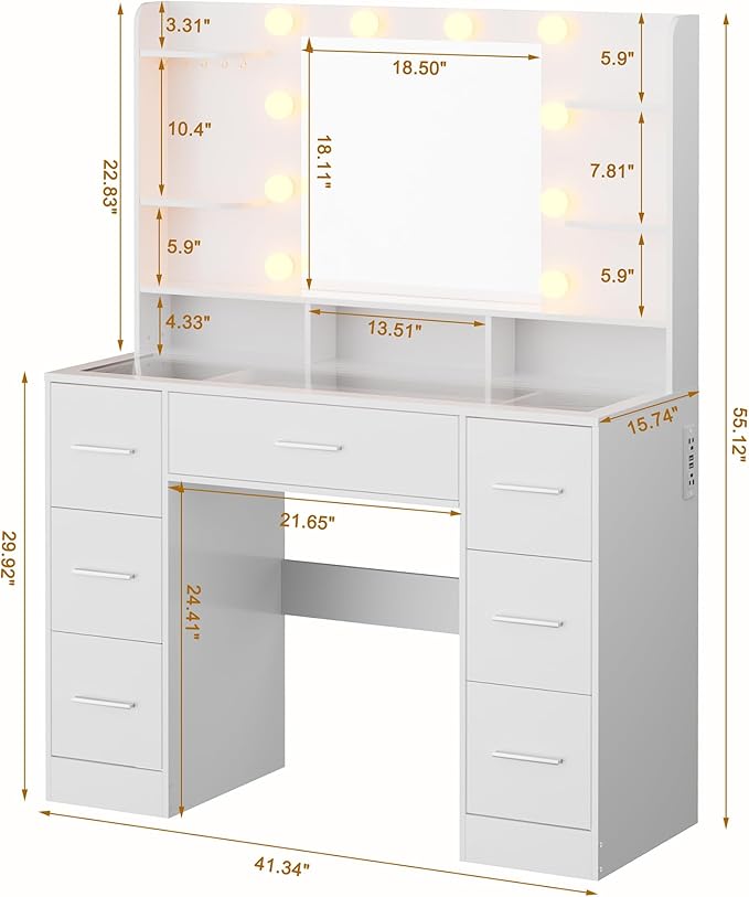 Vanity Desk with Mirror and Lights, Large Glasstop Makeup Vanity Desk with 7 Drawers and Power Outlet, 6 Open Shelves, White