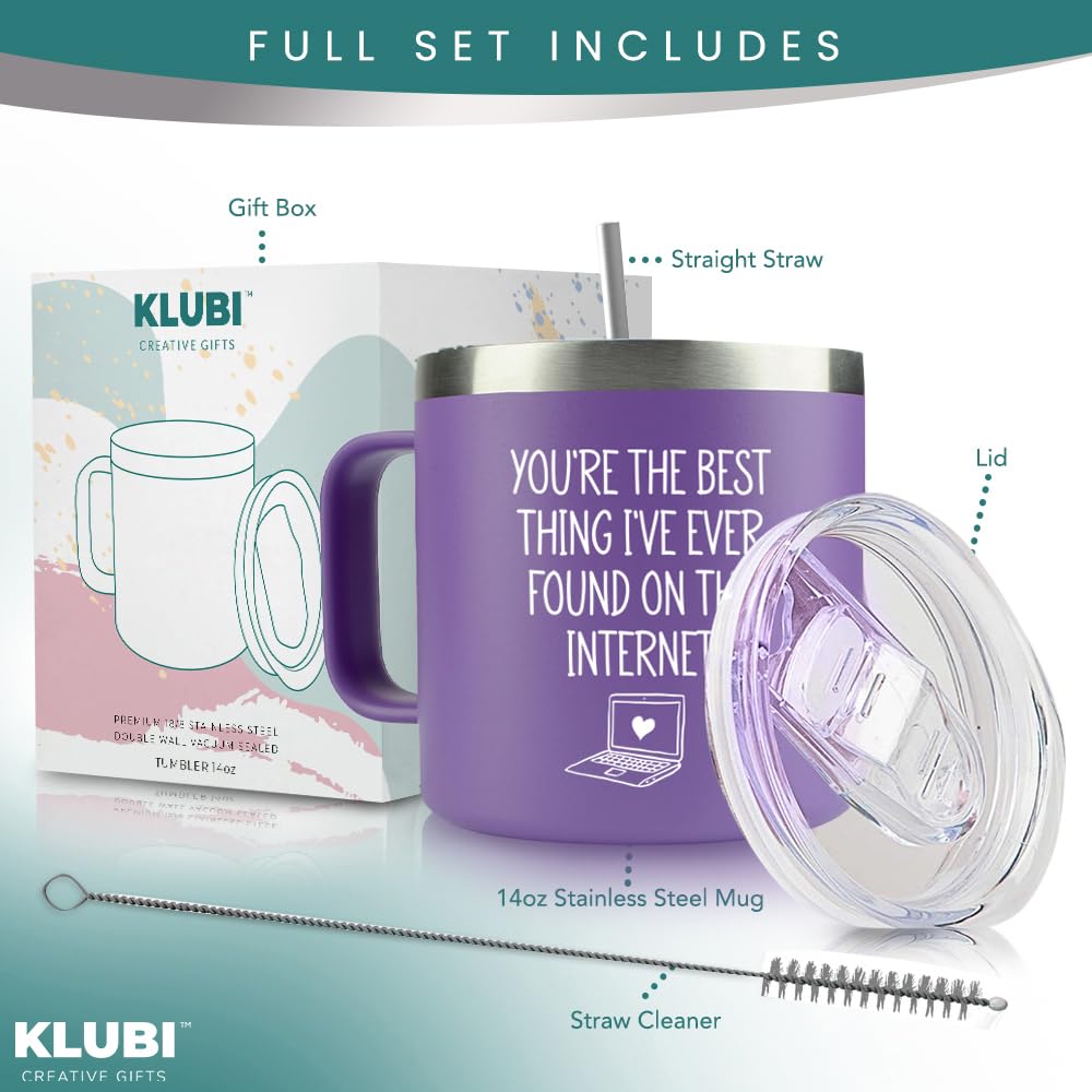 KLUBI Best Thing I Found On The Internet Mug - Wife Birthday Gift Ideas 14 Ounce Purple Tumbler With Handle Gifts for Girlfriend Birthday Gifts Mothers Day Present