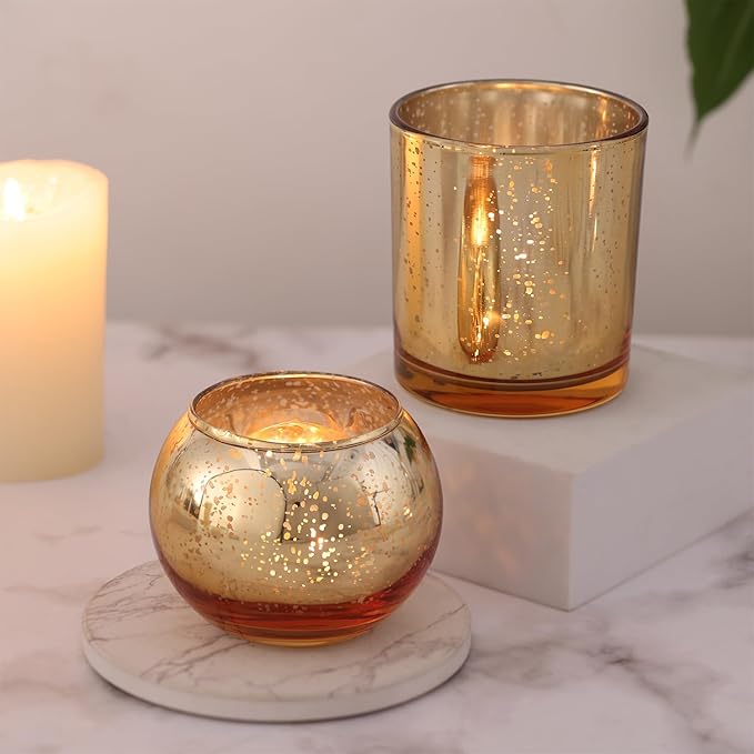 10 Pcs Assorted Gold Votive Candle Holders, Larger Size Mercury Glass Votives with Round Candle Holder for Wedding Decorations, Gold Tealight Candle Holder for Party Table Centerpieces