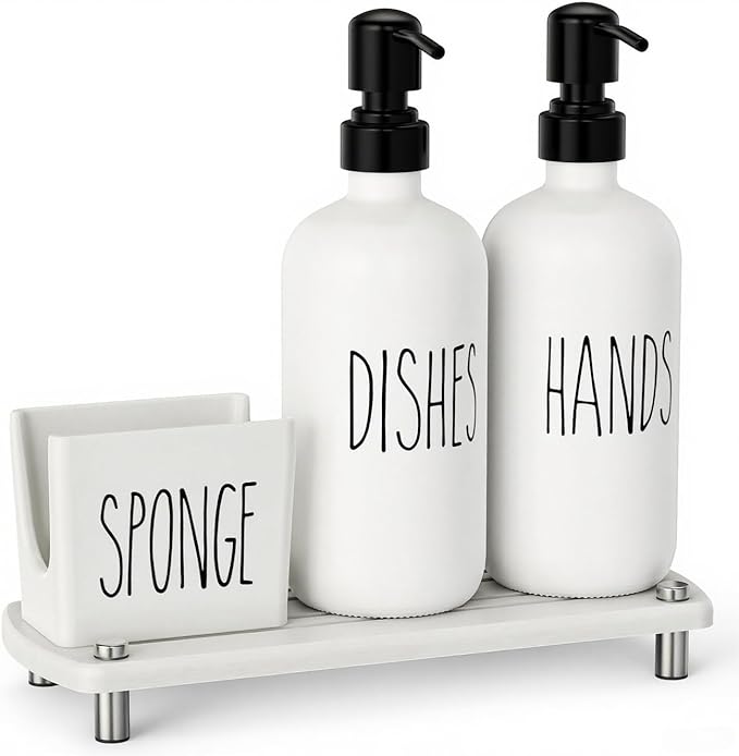 Cisily Kitchen Soap Dispenser Set Comes with Ceramics Sponge Holder, Gold Pumps, and Instant Dry Tray (White&Black, 4 Pack)