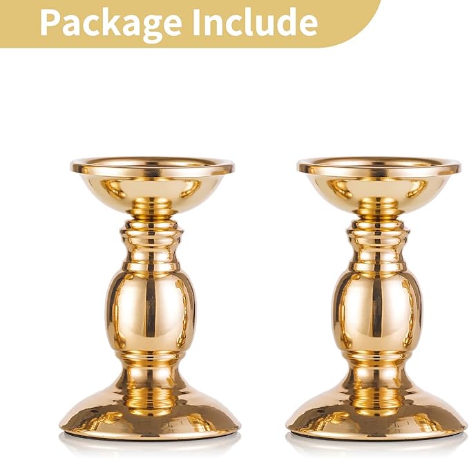 2 Pcs Gold Pillar Candle Holders, Gold Candlestick Most Ideal for 3" Pillar Candles, Gifts for Wedding, Party, Home, Spa, Reiki, Votive Candle (2 x S)