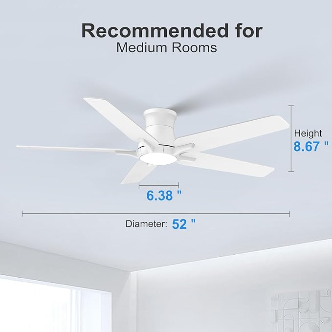 52 Inch White Ceiling Fans with Lights and Remote, Flush Mount Low Profile Ceiling Fan for Bedroom, Living Room, Patio, Dimmable 6 Speeds Noiseless Reversible, ETL Listed