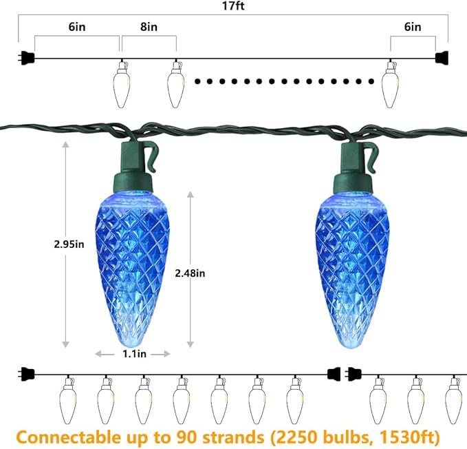 Brizled Blue Christmas Lights, 16ft 25 LED C9 Connectable, 120V UL Certified Outdoor Indoor Xmas Tree Roof Patio Porch Party Holiday Decor