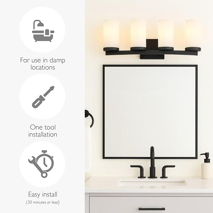 Design House Desta Vanity Light, 4-Light, Curved Bar Design, Frosted Glass Glow, Dimmable, Up/Down Mountable, E26 Socket, Black, 30.0 in L x 6.6 in W x 9.5 in H, 589168-BLK