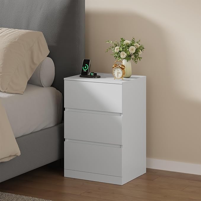 Nightstand, 4 Drawers, 26" H with Hidden Drawer, Bedside Table with Charging Station, Modern Night Stand for Bedroom, White