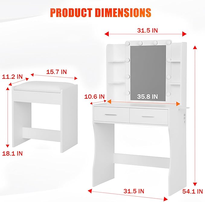 Vanity Desk with Mirror & Light, Makeup Vanity Table with Power Strip, Hair Dryer Holder & 2 Drawers & 3 Open Shelves, 3 Lighting Modes Adjustable Brightness, Dressing Table Set, White