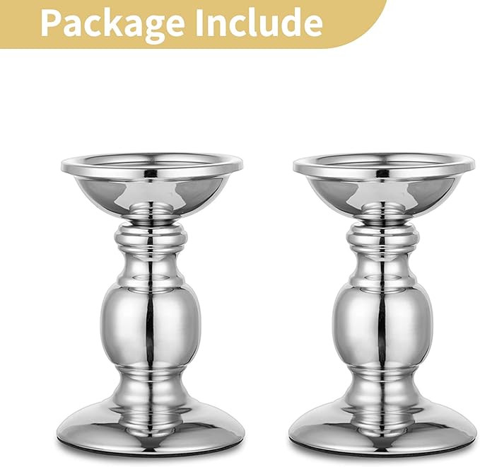 Nuptio Silver Pillar Candle Holders, Wedding Centerpieces Metal Candle Holder for 3inches Candles Stand Decoration Ideal for Weddings Special Events Parties Living Room, 2 Pcs