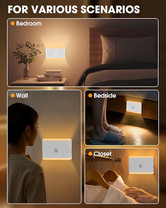 LAVAED Motion Sensor Night Light Indoor,RGB Charging Cordless Stair Lights,LED Wireless Step Light 500mAh Rechargeable Battery Operated Stick On Light for Hallway,Kitchen,Closet,Cabinet,Bedroom(2pack)