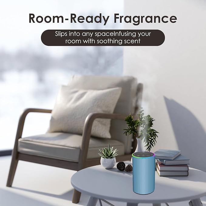 Waterless Essential Oil Diffuser, 7 Colors LED Light, Battery Powered Mini Scent Air Machine, Aromatherapy Mist Diffuser for Home Room Car Office,Black Aluminum Alloy (Blue)