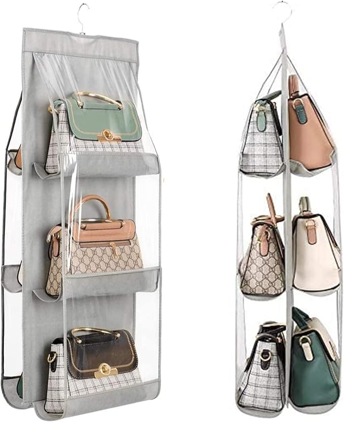 HAN SHENG 6 Pockets Clear Handbag & Purse Organizer Hanging Bag Storage - Space Saving Hanging Shelf for Closet, Wardrobe, Over Door (2 Pack, Grey)