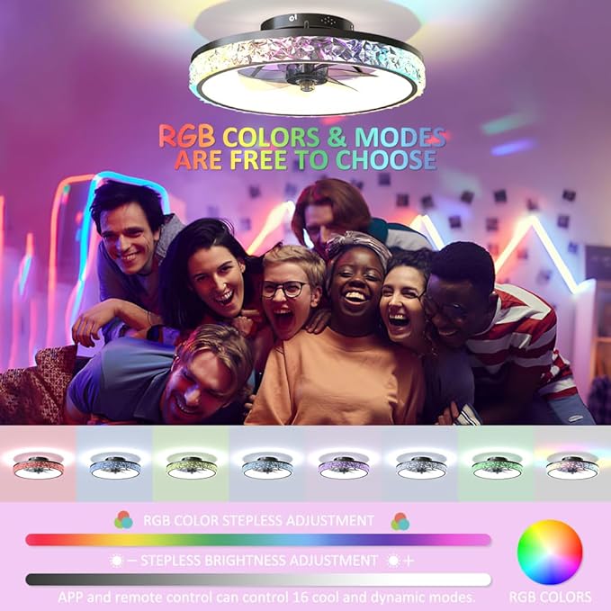 20" Smart RGB Ceiling Fan with Light and Remote/App Control. This bladeless fan has a sleek black design. It features a dimmable, color-changing RGB light. This makes it ideal for bedrooms, kids' room
