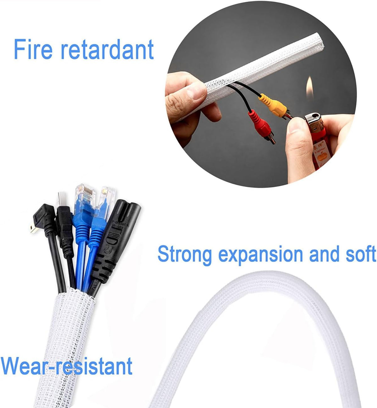 Pet Proof Split Cable Sleeve Organizer - Cord Cover Protector for Desk, Hide Wires from Cats Chewing, Computer Cord Management (3/4inch-5ft, 2Pcs, White)