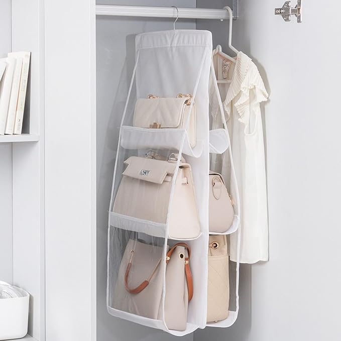 HAN SHENG 6 Pockets Clear Handbag & Purse Organizer Hanging Bag Storage - Space Saving Hanging Shelf for Closet, Wardrobe, Over Door (1 Pack, White)
