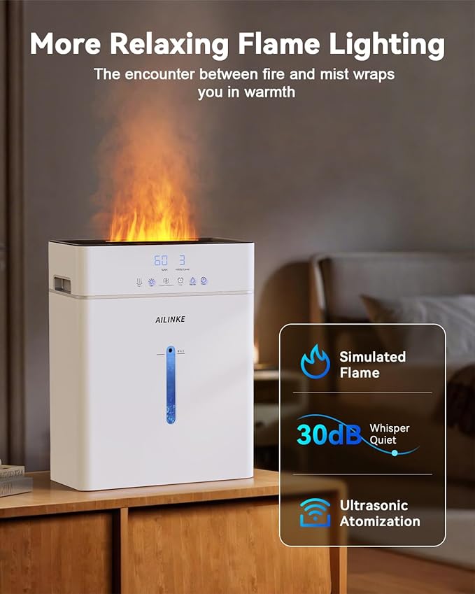Humidifiers for Bedroom Large Room 10L/2.64Gal, Warm and Cool Mist Humidifier Large Room, Simulated Flame Humidifier Light, 12H Timer, 3 Speed, Top Fill, 1000sq.ft for Baby/Plant/Office