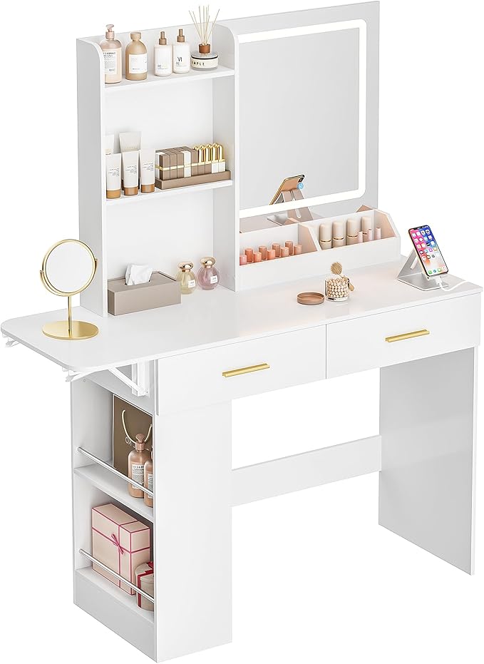 Vanity Desk with Mirror and Lights, 43.31" 4-Drawers Makeup Table Without Stool, Extra Foldable Desk with 3 Open Shelves Dressing Table for Girls and Ladies Bedroom, White and Gold
