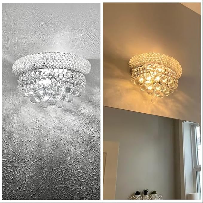 2-Lights Empire Crystal Wall Sconce Light for Living Room Dining Room Bathroom Vanity Mirrors Hallway Bedroom Closet Stairway (Chrome)
