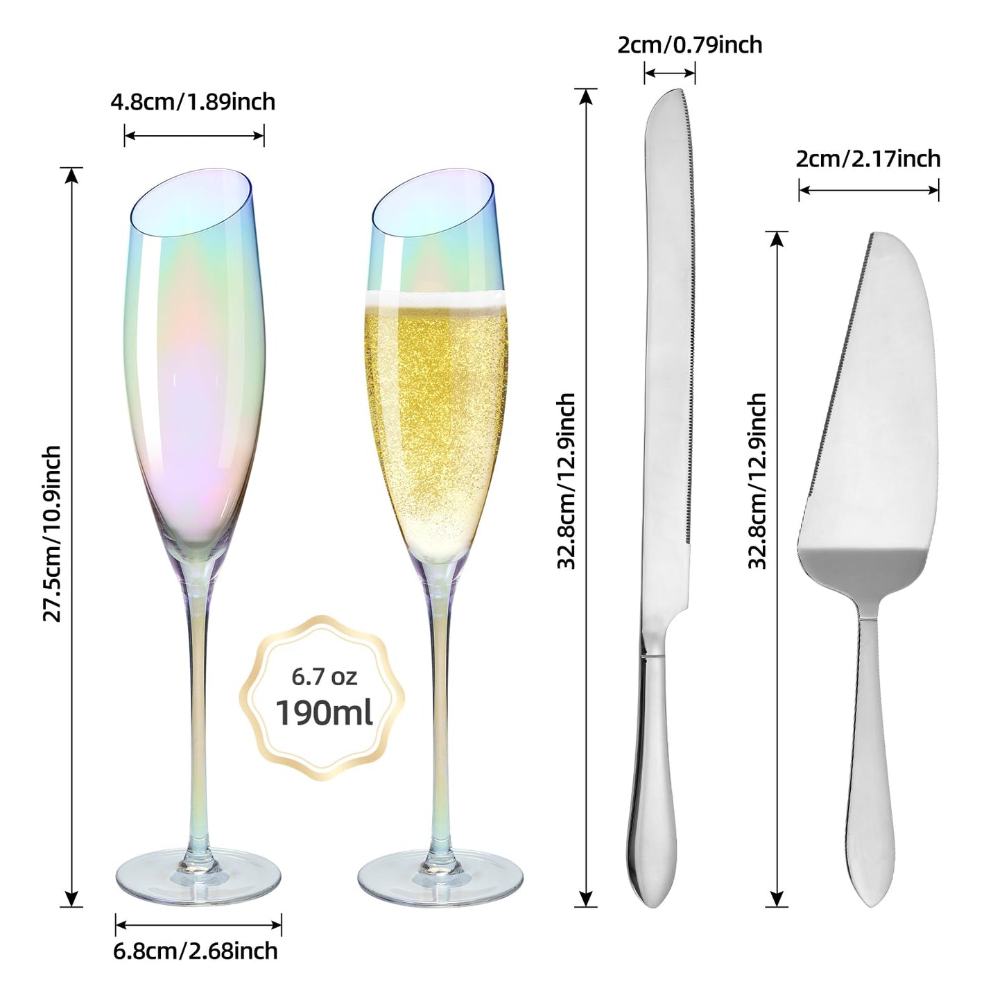 DORELINA Bride and Groom Champagne Glasses Set of 2,Wedding Gifts for Couples 2025, Iridescent Crystal Wedding Champange Flutes and Cake Server Sets Engagement Newlyweds-6oz